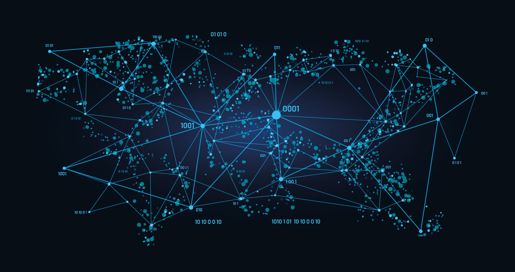 Big data technology vector background, global network, computer internet and digital information analysis concept. Abstract data cloud structure with connected dots and binary code